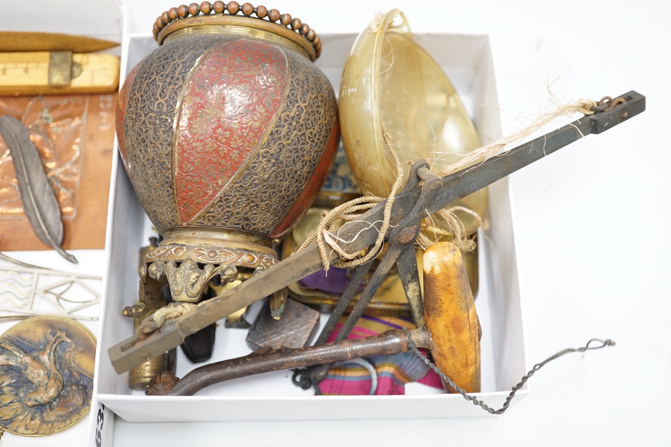 A 19th century fan with bone guards, a gold penknife, a small collection of costume jewellery and collectables